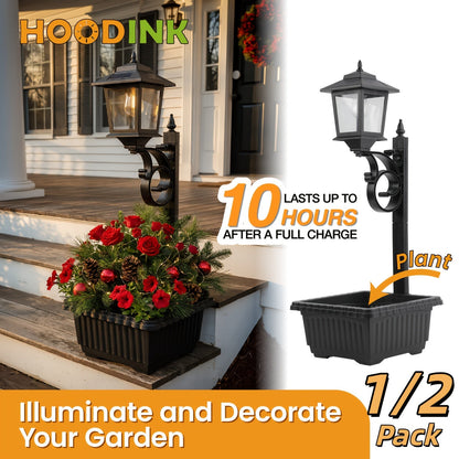 Solar Garden Light HOODINK Black Flower-Pot Lamp Post with Solar Panel, IP44 Label and 1- or 2-Pack Options