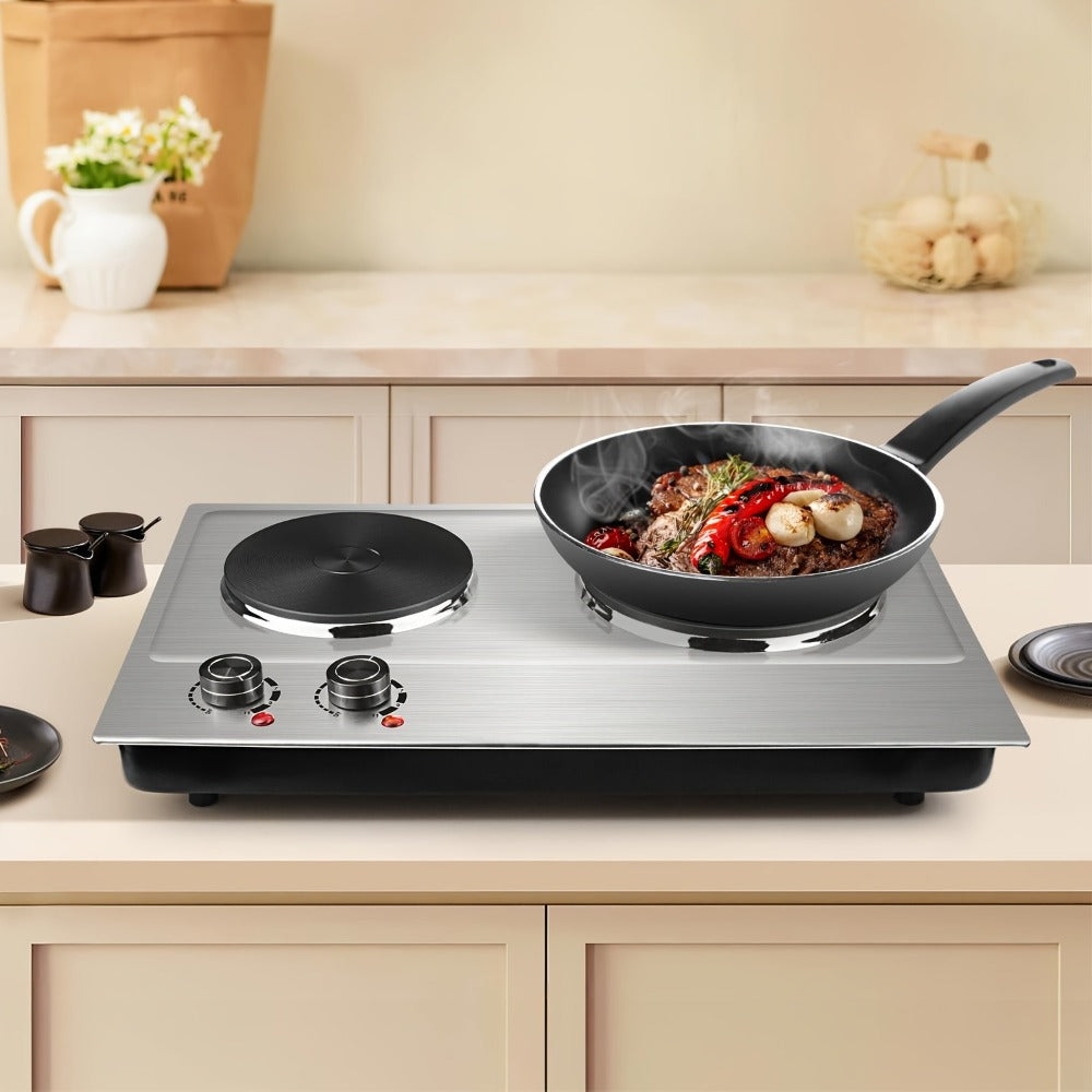 Hot Plate Electric Burner with Temperature Control, Dual Size Coil Burners 7.4in & 6.1in, Countertop Electric Stove for Daily Cooking