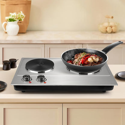 Hot Plate Electric Burner with Temperature Control, Dual Size Coil Burners 7.4in & 6.1in, Countertop Electric Stove for Daily Cooking