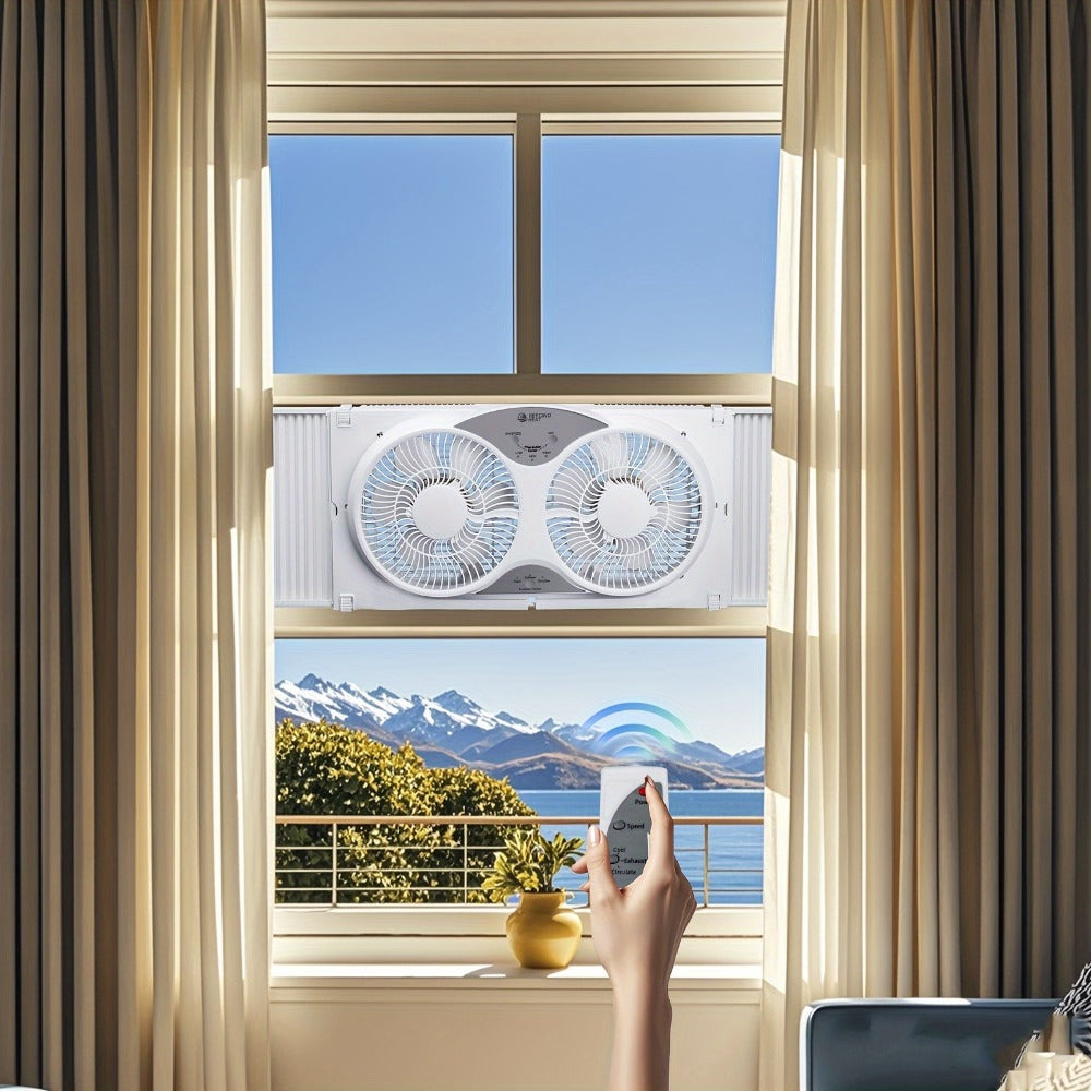 Window Fan Twin 9-Inch with Remote Control, Reversible Airflow Blades In/Out Exchange, 3 Speed Settings
