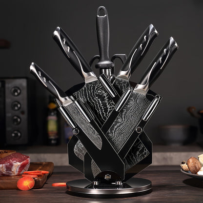 Kitchen Knife Set 7-Piece Damascus-Pattern Stainless Steel with Four Knives, Shears, Honing Rod and Rotating Block