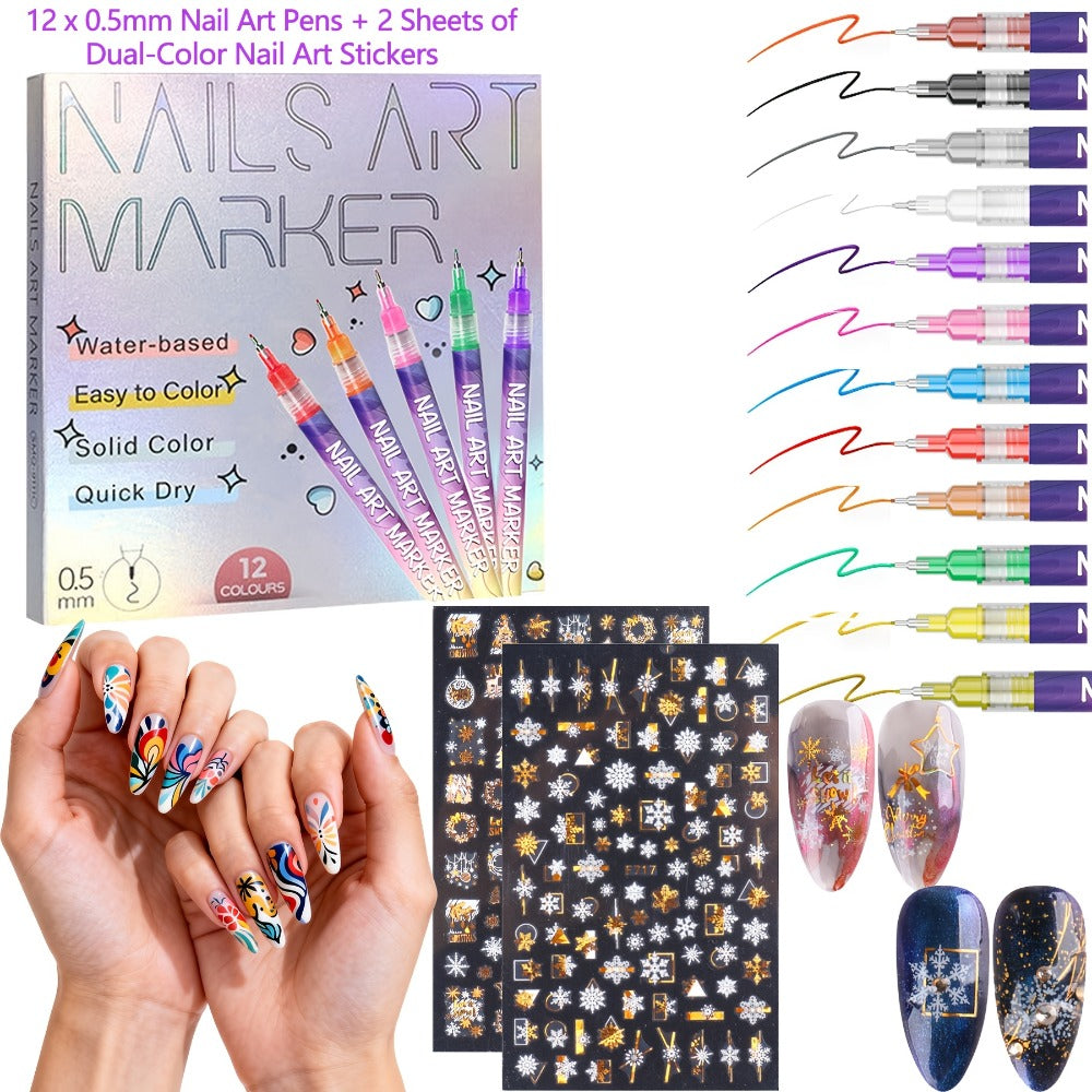 Nail Art Pens 12-Piece Water-Based Marker Set with 0.5mm Fine Tips for Lines and Small Decorative Details