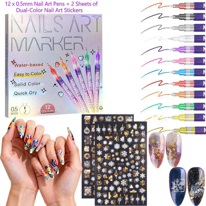 Nail Art Pens 12-Piece Water-Based Marker Set with 0.5mm Fine Tips for Lines and Small Decorative Details