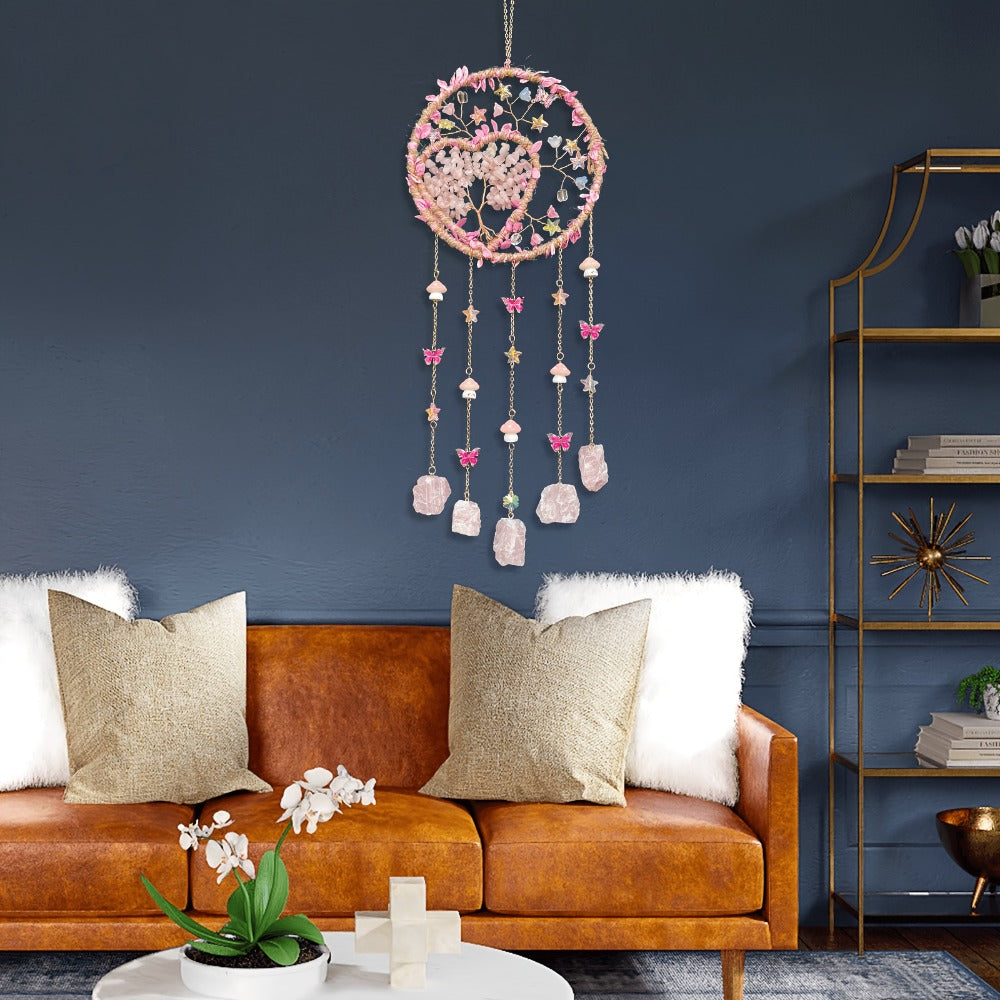 Boho Crystal Wall Hanging Decor – Handmade Stone Bead Wind Chime with Colorful Gemstone Heart & Circular Crystal Pendant for Bedroom Living
