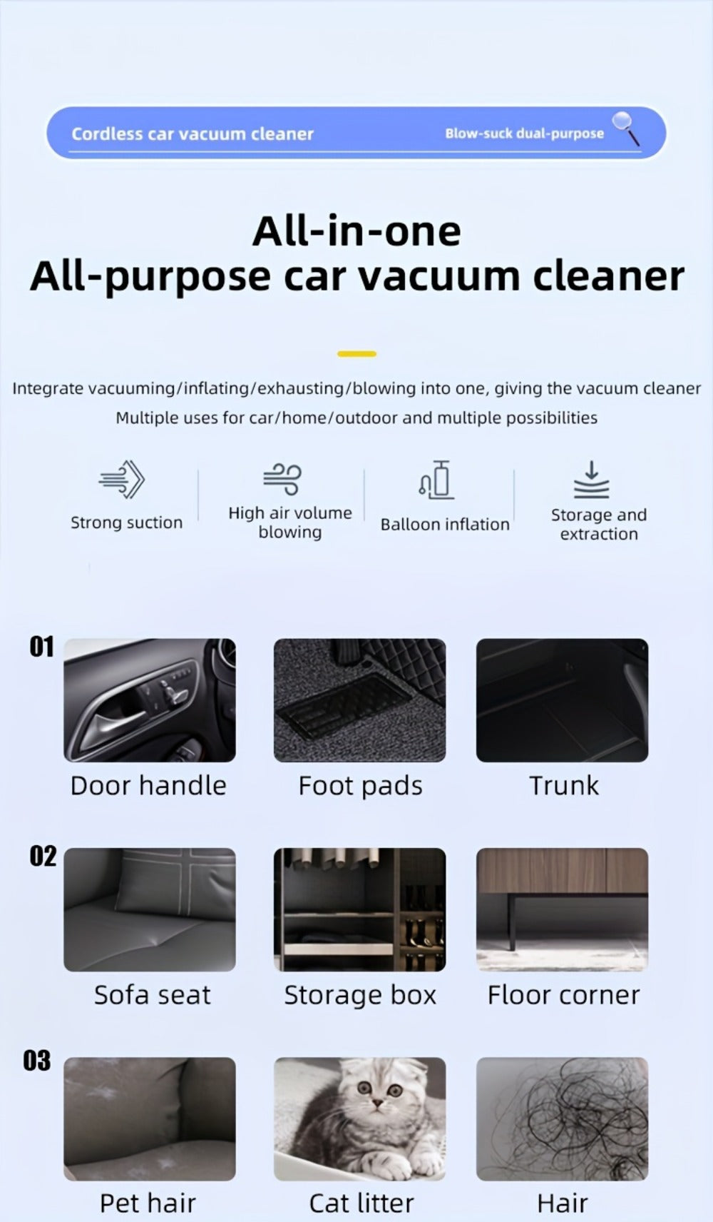 Handheld Vacuum Cleaner with Cordless T-Handle Design, Wet Pickup, Three Nozzles and USB Charging