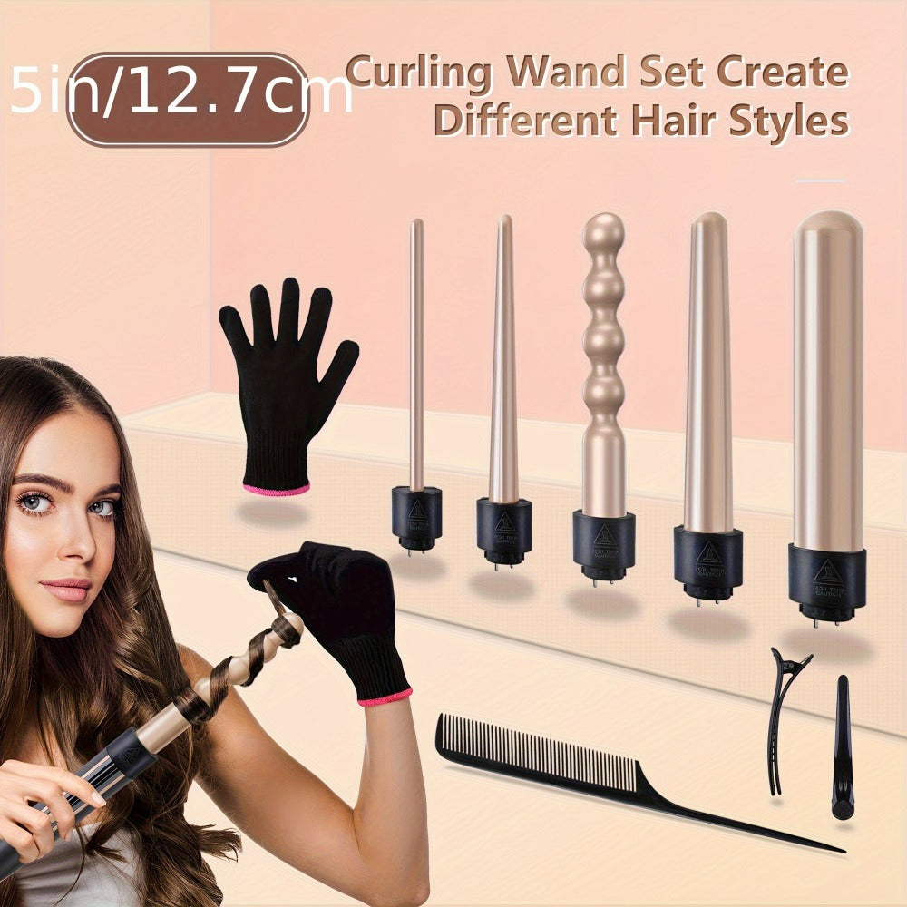 5-in-1 Curling Wand Set Ceramic Interchangeable Barrels 0.4-1.25 Inch – 30s Fast Heat, for Home, Travel and Salon Hair Styling