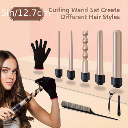 5-in-1 Curling Wand Set Ceramic Interchangeable Barrels 0.4-1.25 Inch – 30s Fast Heat, for Home, Travel and Salon Hair Styling