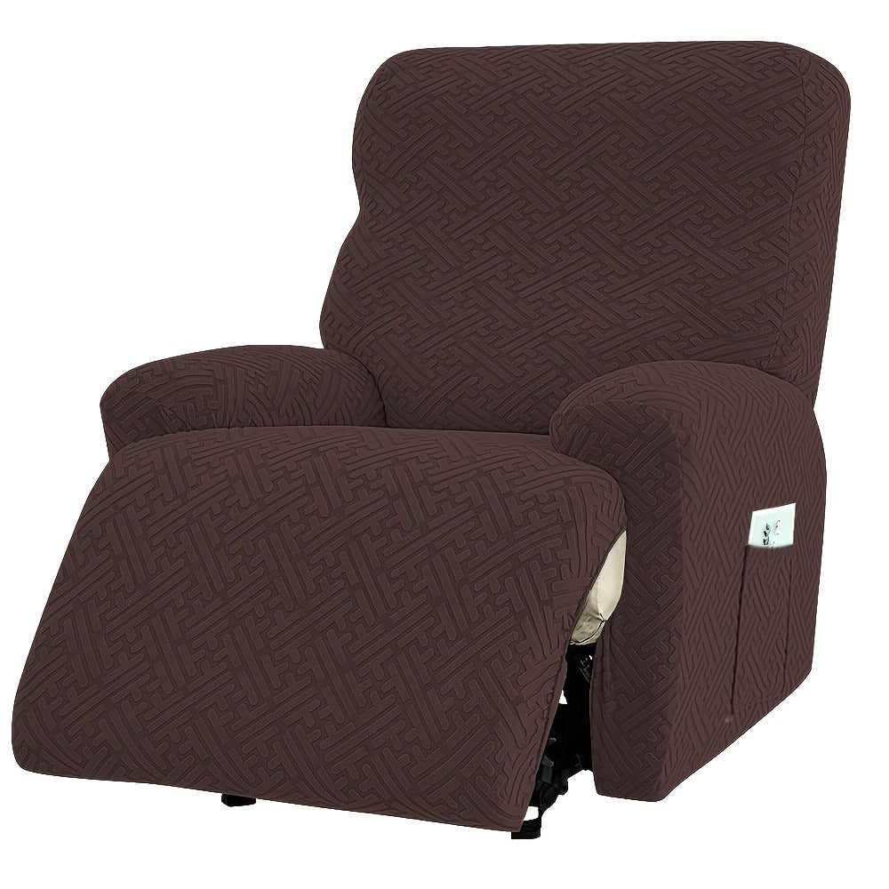 Four-Piece Maze Jacquard Recliner Chair Cover Set with Side Pocket and Nine Solid Color Options