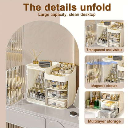 Makeup Organizer with 3 Drawers and Mirror – Large Capacity Cosmetic Storage Box Vanity Organizer for Skincare Contact Lens Display Case