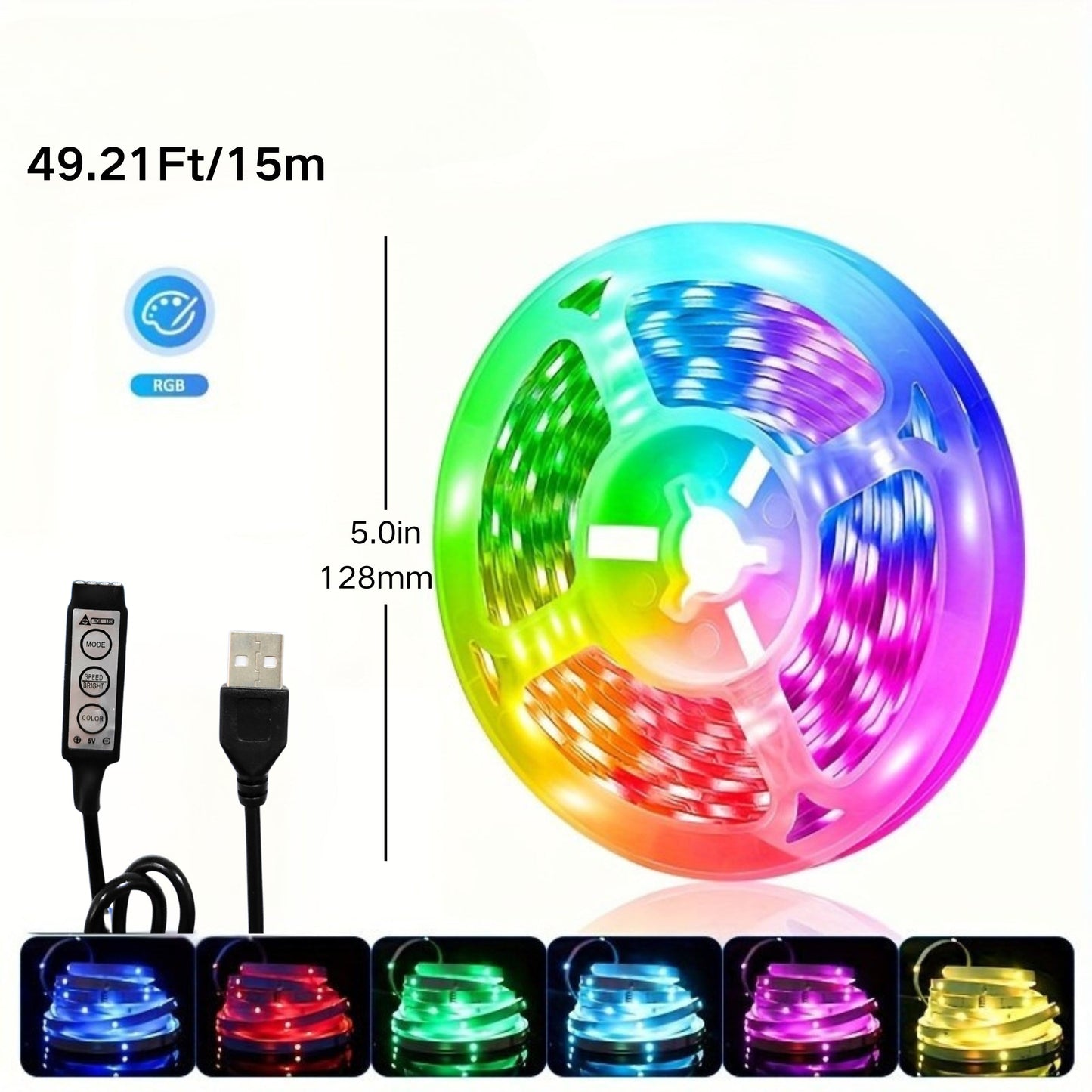 5050 RGB LED Light Strip with USB Plug and Three-Button Controller in 3m, 4m or 15m Lengths