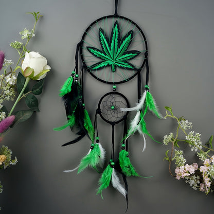 Bohemian Dream Catcher with Feathers & Leaf Embroidery, Boho Wall Hanging Decor for Bedroom, Bedside