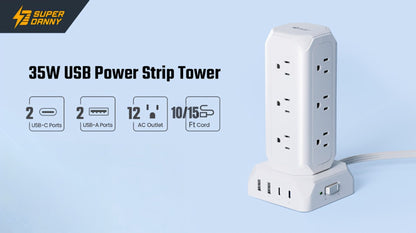 Power Strip Tower 16-in-1 Surge Protector 12 AC Outlets 4 USB Ports USB-C PD20W 1800J Protection for an Everyday Personal Care Routine