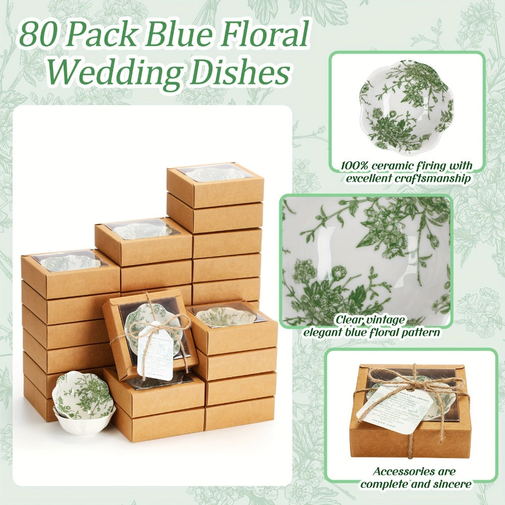 Wedding Favors for Guests 80 Pack Small Ceramic Bowls Bulk Set | 3.3 Inch Green Verdure Mini Dipping Bowl Sauce Dish with Cards & Box