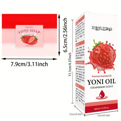 Strawberry Yoni Bath Set 4pcs for Women – Scented Yoni Oil & Soap Feminine Hygiene Kit pH Balance Odor Control Moisturizing Intimate Care