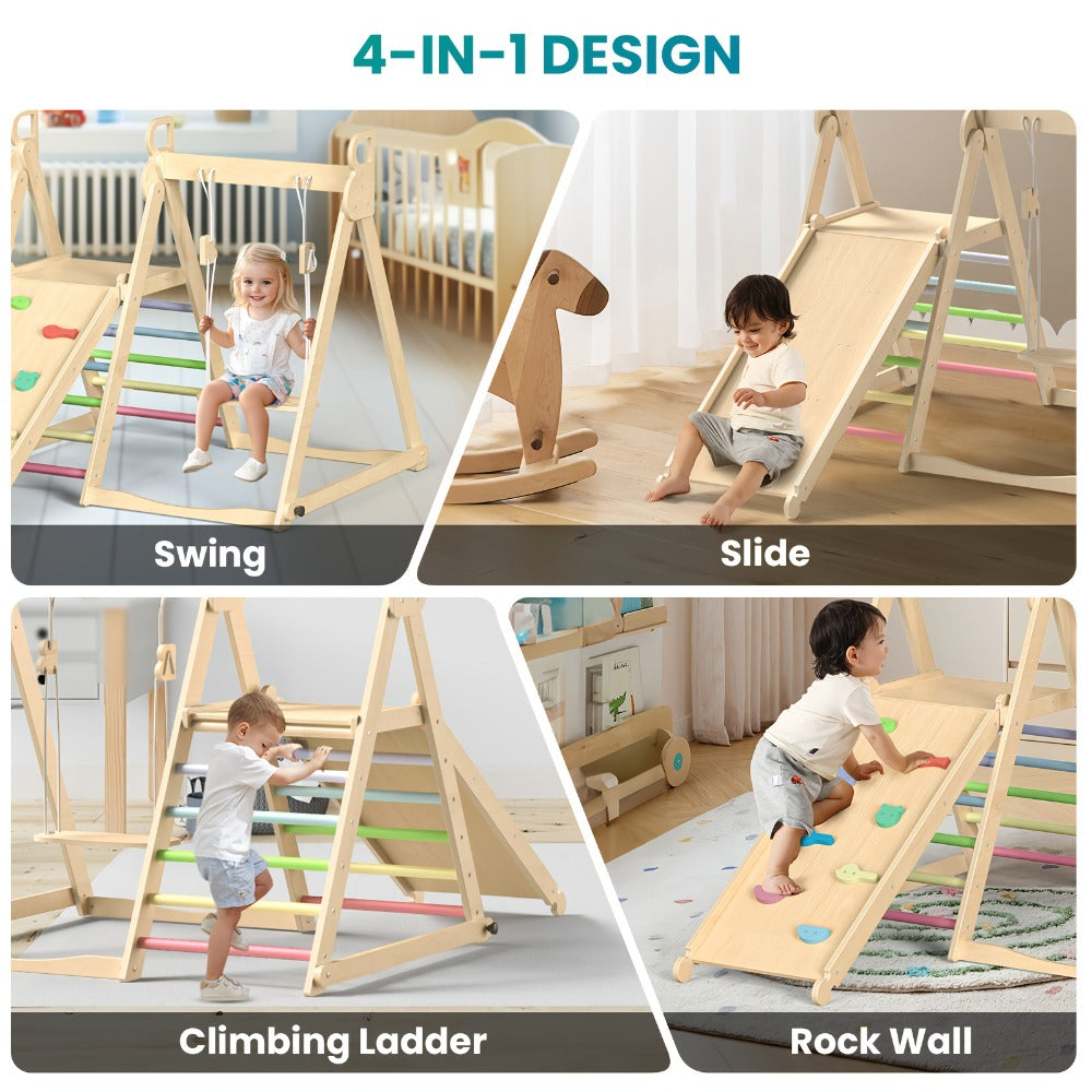 Foldable Indoor Wooden Jungle Gym for Toddlers, 4-in-1 Climbing Frame with Swing, Slide & Ladder