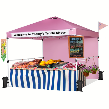 Pink 10x10ft Commercial Pop-Up Canopy Tent with Sidewall, Hanging Bars, Crossbars and Banner Strip