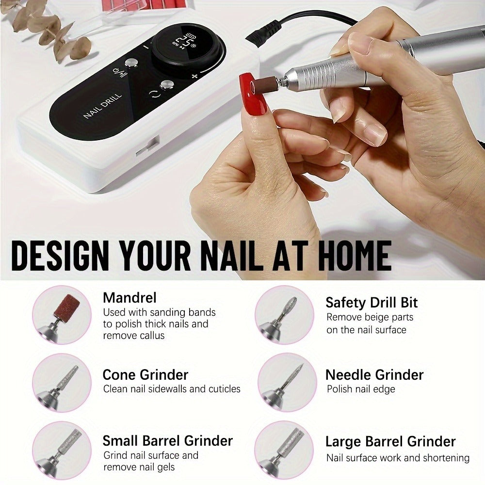 Electric Nail Drill 45000 RPM Brushless Kit with LCD Screen, 6 Bits, 6 Sanding Bands and Belt Clip