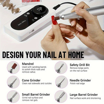 Electric Nail Drill 45000 RPM Brushless Kit with LCD Screen, 6 Bits, 6 Sanding Bands and Belt Clip