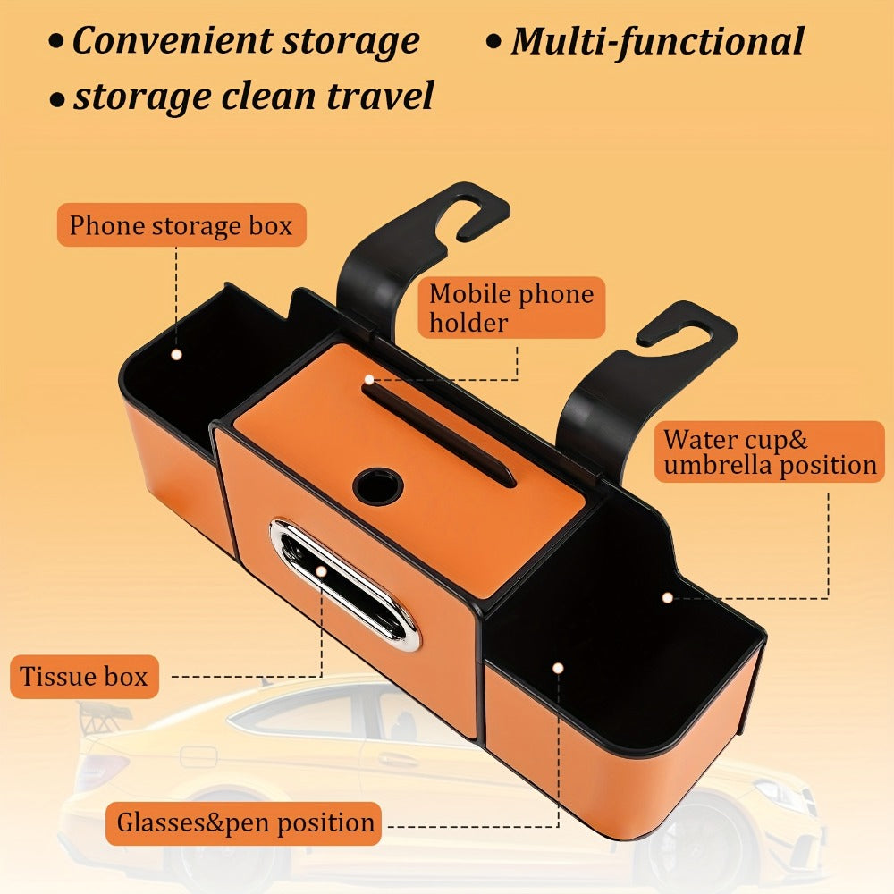 Compact Headrest-Hanging Car Organizer with Two Cup Pockets, Tissue Opening, Hooks and Five Pack Options