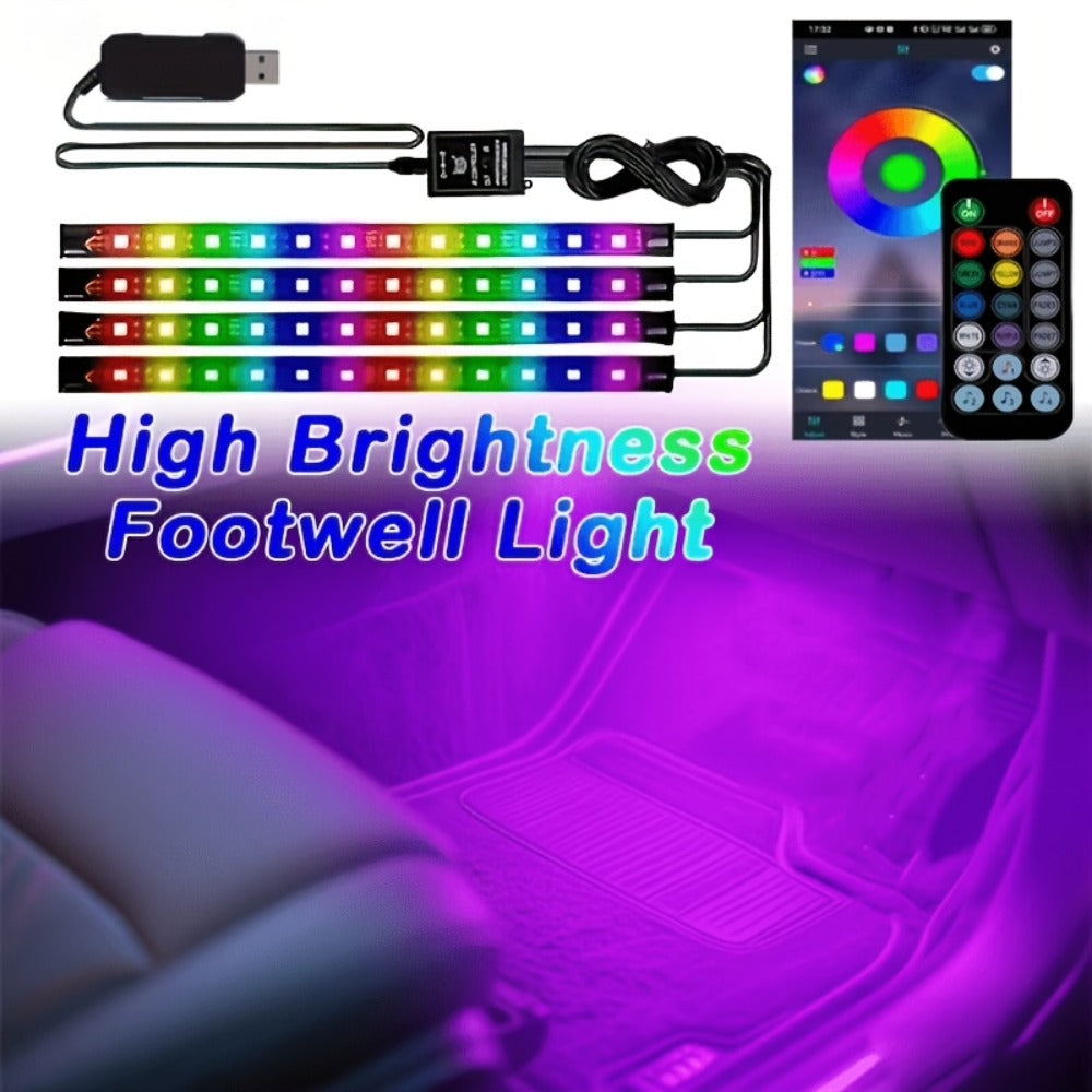 Car Interior Footwell Light Kit with Four Pictured Bars, App and Remote Control, Music-Responsive Color Modes