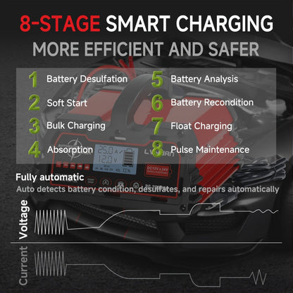 Smart Battery Charger 12V 25A 24V 12A 8-Stage Trickle Charger with Temperature Compensation for LiFePO4 Lead Acid Car Truck Motorcycle Boat