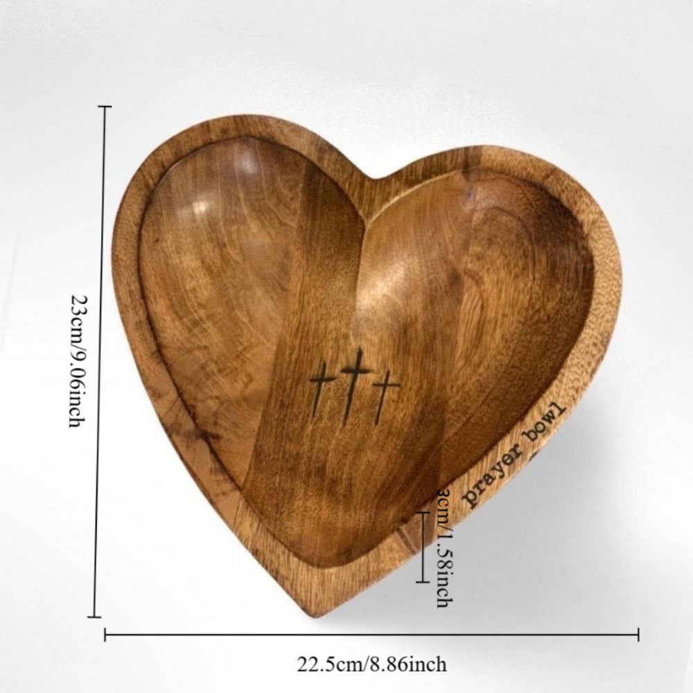 Wooden Prayer Bowl with 24 Prayer Cards – Hand-Carved Heart Shaped Cross Engraved Vintage Religious Gift Set for Easter, Christmas