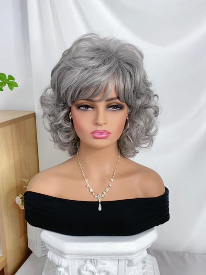 Synthetic Wig 14-Inch Short Curls with Slanted Bangs and Rose Net Cap in Three Colors for Daily Styling