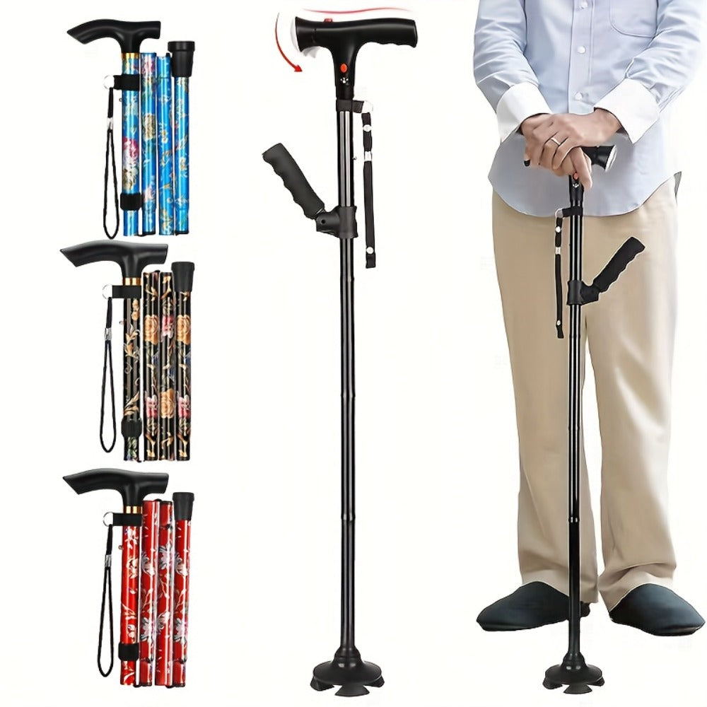 Foldable Walking Cane for Seniors Adjustable Height Folding Stick with Wrist Strap T-Handle for Entryways, Bedrooms and Living Spaces