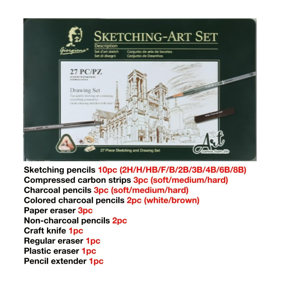 Sketching Pencil Set 27 Piece with Charcoal Pencils Charcoal Sticks Erasers Drawing Supplies for Artists Beginners Students Sketching Quick