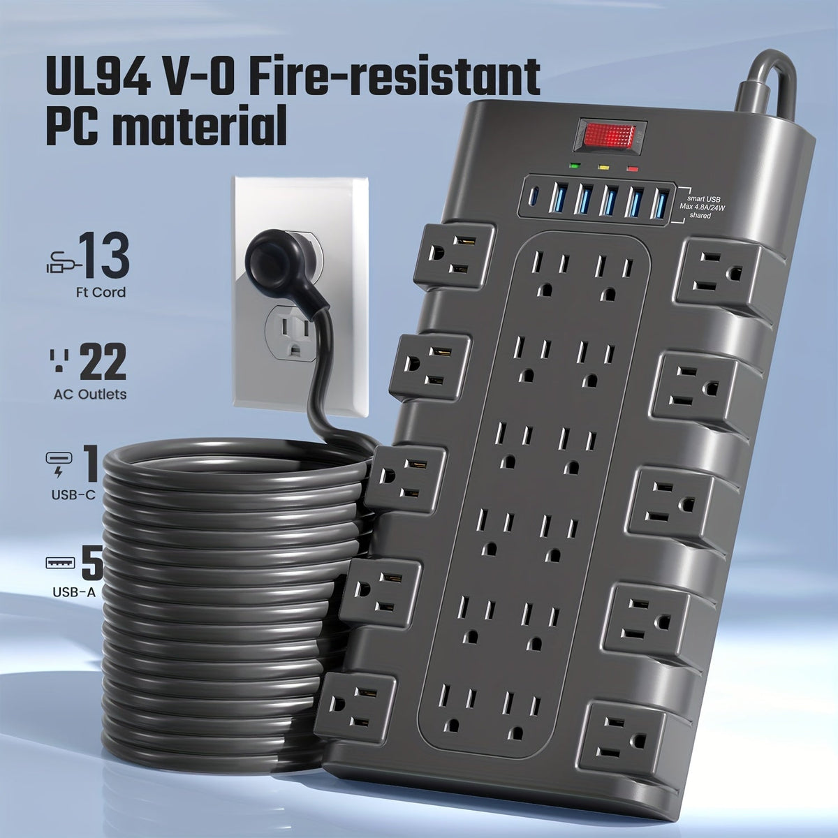 Surge Protector Power Strip 28-in-1 with 22 AC Outlets, 5 USB-A, 1 USB-C, 2100J Rating and 5 to 13 ft Cord Options