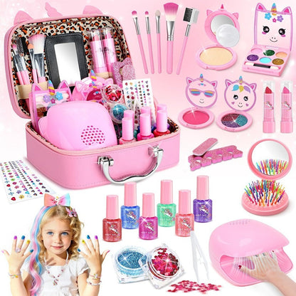 Kids Makeup Set for Girls, 2-in-1 Princess Makeup & Nail Art Kit, Pretend Play Cosmetics with Nail Polish