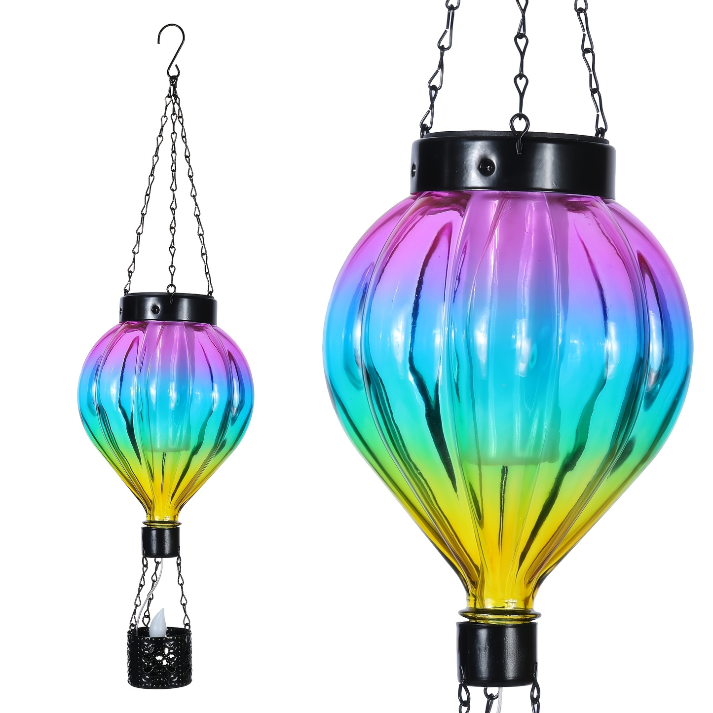 Solar Outdoor Lights Hot Air Balloon Hanging Lantern with Flame-Effect LED and Metal Frame for Garden Decor