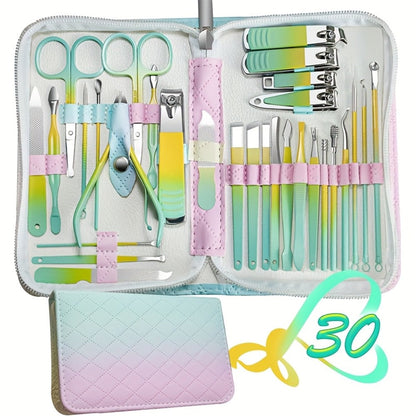 Thirty-Piece Manicure and Pedicure Kit with Gradient Travel Case, Clippers, Scissors and Nail Tools