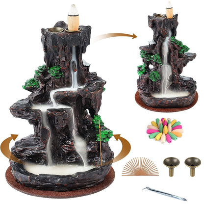 Backflow Incense Burner Waterfall Smoke Effect 2-Side Incense Holder with 120 Backflow Cones for Entryways, Bedrooms and Living Spaces