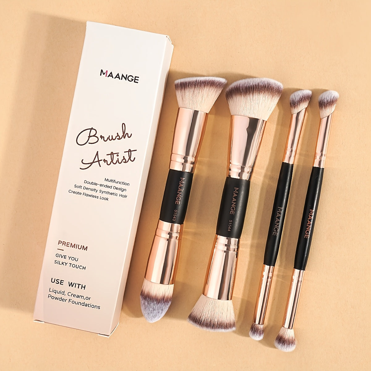 Makeup Brush Set, 4-Piece Double-Ended Travel Collection with Eight Brush Heads in Black-Beige or Black-Gold