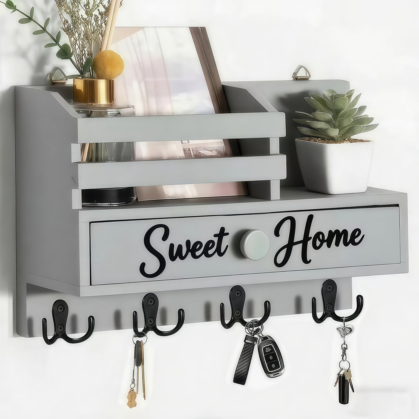 Key Holder for Wall with Drawer 8 Hooks, Rustic Wood Wall Mounted Key & Mail Organizer for Entryway