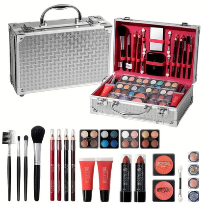 Makeup Kit 56-Piece Handled Mirror Case with Mixed Face, Eye and Lip Cosmetics in Silvery or Rose Color