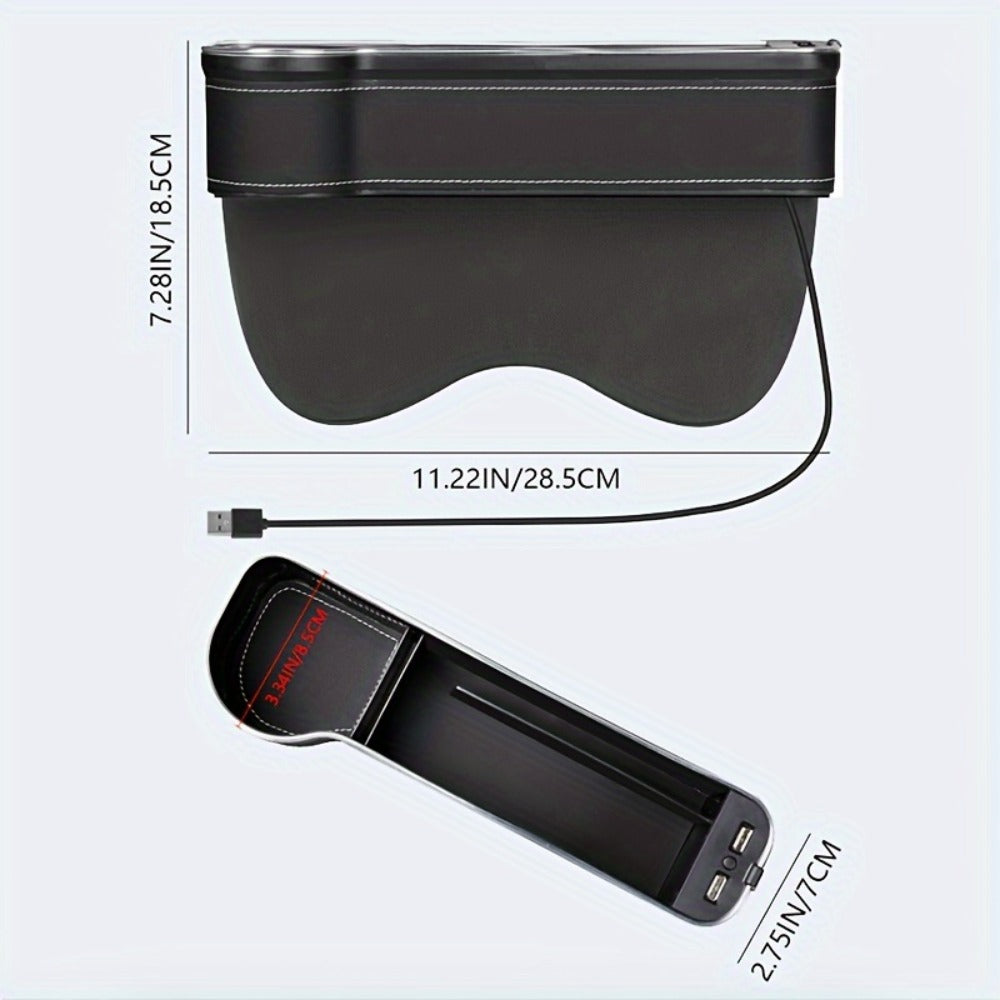 Black Lighted Seat-Gap Car Organizer with Phone Slot, USB Ports and Driver, Passenger or Pair Options