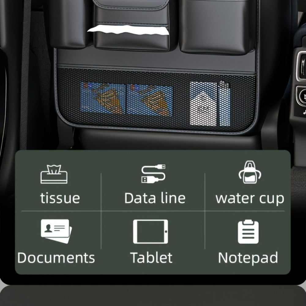 Seatback Car Organizer with Fold-Down Tray, Cup Recesses, Tissue Opening and One- or Two-Piece Packs