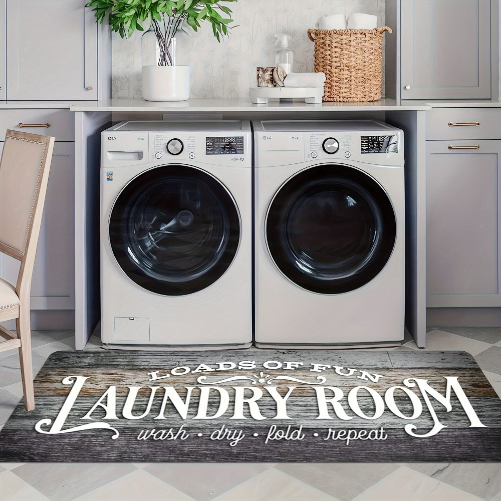 Non-Slip Laundry Room Mat Wood Grain Design – Heavy Duty Washable Rubber Backing Carpet | Rustic Dark Brown & Gray Kitchen Bathroom Rug |