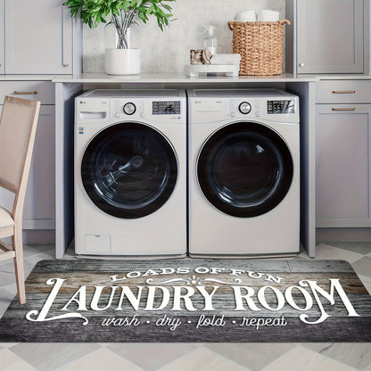 Non-Slip Laundry Room Mat Wood Grain Design – Heavy Duty Washable Rubber Backing Carpet | Rustic Dark Brown & Gray Kitchen Bathroom Rug |