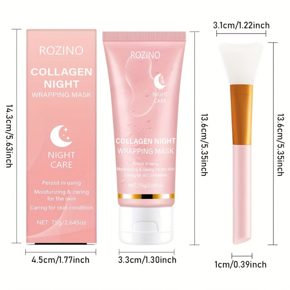 Face Mask, ROZINO Collagen Night Wrapping Formula, 75g or 2.645oz Tube with Application Brush