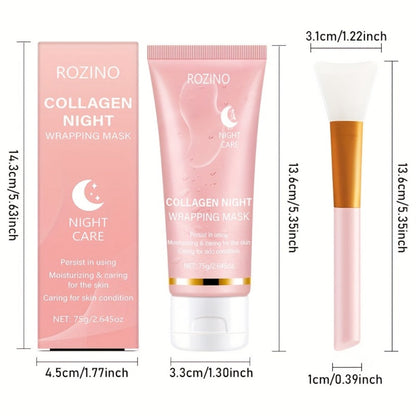 Face Mask, ROZINO Collagen Night Wrapping Formula, 75g or 2.645oz Tube with Application Brush