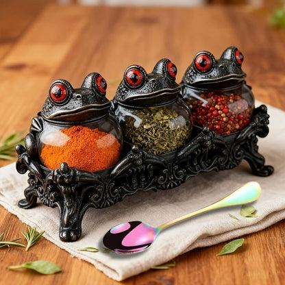 Gothic Witch Frog Spice Jars Set of 3 with Engraved Bases & Spoon, Vintage Pharmacist Jars with Frog Lids for Dark Kitchen Decor