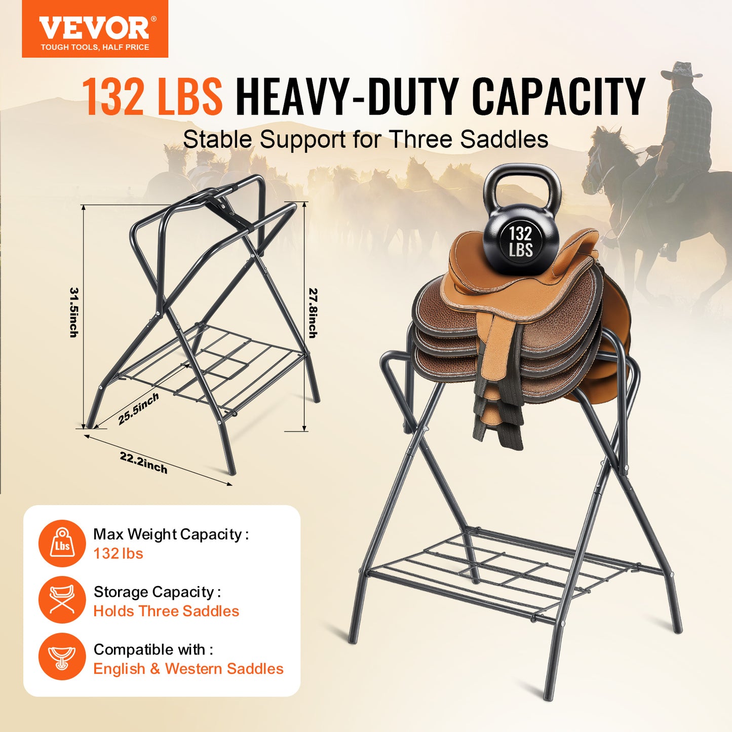 Folding Saddle Rack Freestanding Horse Saddle Stand – Holds 132 lbs, Carbon Steel, Quick-Release Setup, Portable & Space-Saving for Stable