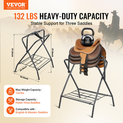 Folding Saddle Rack Freestanding Horse Saddle Stand – Holds 132 lbs, Carbon Steel, Quick-Release Setup, Portable & Space-Saving for Stable