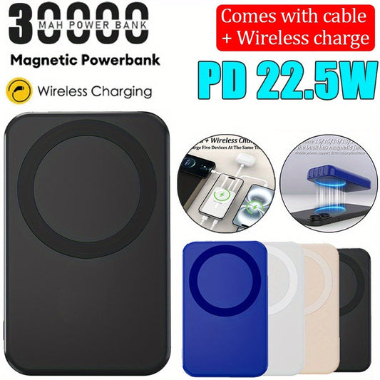 30000mAh-Labeled Magnetic Wireless Power Bank with Built-In USB-A and USB-C Cables in Four Colors
