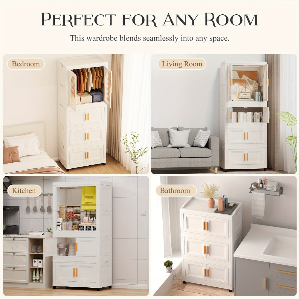 Folding Wardrobe Storage Cabinet on Wheels with Magnetic Door, Hanging Rod & Shelves – 25.6" Wide Portable Closet Organizer