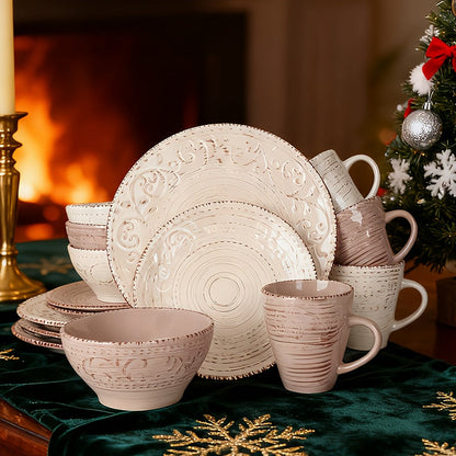 16-Piece Ceramic Dinnerware Set Service for 4 – Stoneware Plates Bowls Mugs Chip Scratch Resistant Dishwasher Microwave Safe Holiday Gift