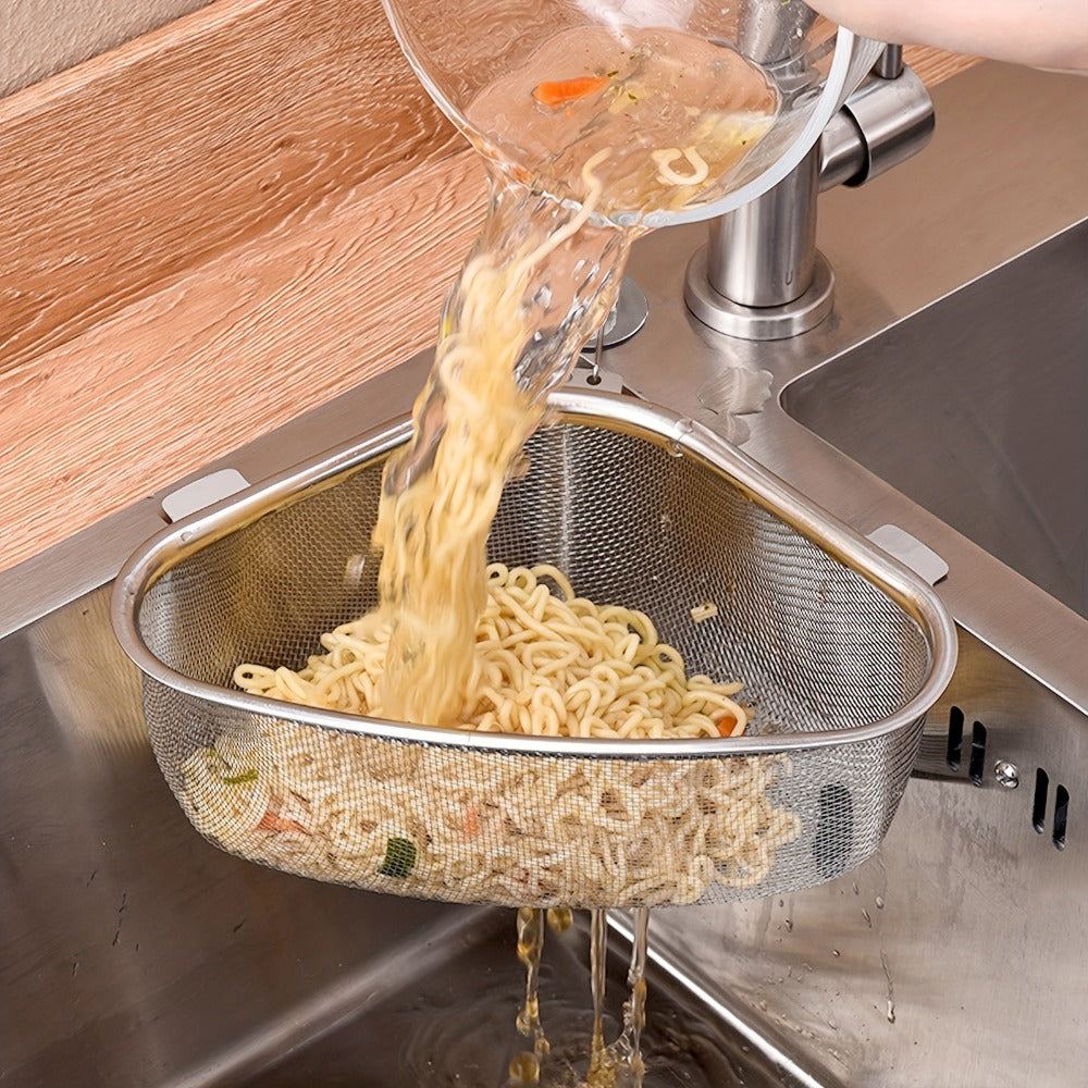 Stainless Steel Sink Strainer Basket 304 Grade Triangular Space-Saving Design, Dual-Use Stand & Hang